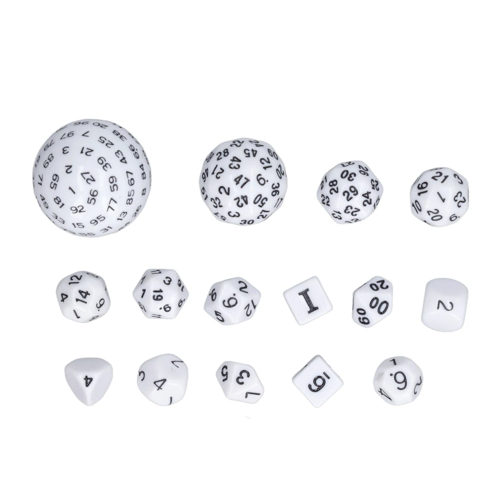 15pcs Complete Polyhedral Dice Set Acrylic D3 to D100 Spherical Role Play Game Dice Set Party Supplies White