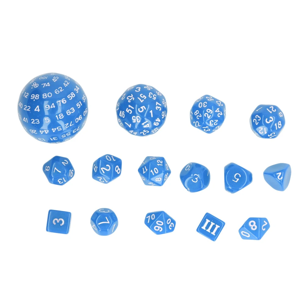 15pcs Complete Polyhedral Dice Set Acrylic D3 to D100 Spherical Role Play Game Dice Set Party Supplies Blue