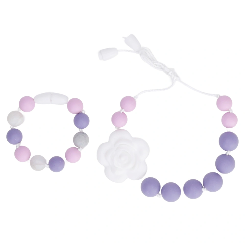 Baby Rose Shaped Pendant Chewable Teething Necklace Silicone Beaded Teething Bracelet Ring Toy for Infant Lilac Purple