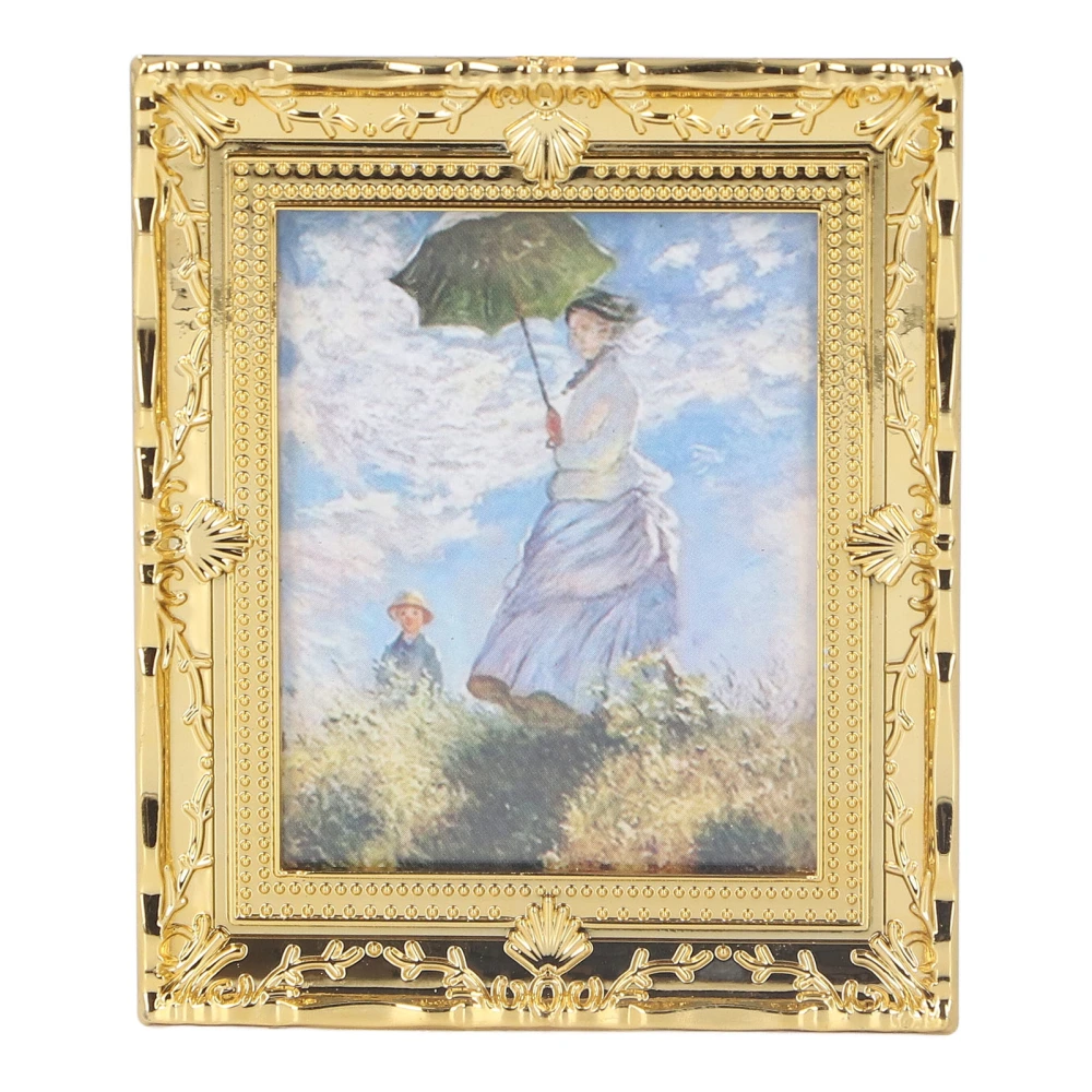 1:12 Miniatures Art Painting Handcrafted Exquisite Golden Frame Acrylic Dollhouse Oil Painting for Girls Kids Umbrella Girl