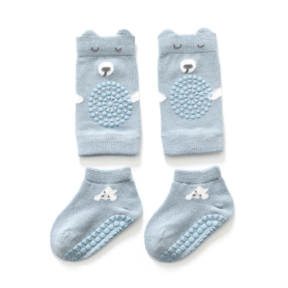 Baby Knee Pads Socks Set Soft Cotton Prevent Slip Points Crawling Knee Foot Protectors Blue S 0-12 Months