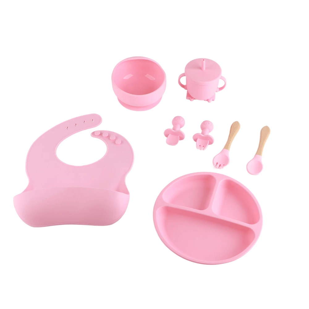 8 Pcs Silicone Baby Feeding Set Bib Suction Plate Bowl Fork Spoon Straw Cup Baby Weaning Feeding Supplies Pink