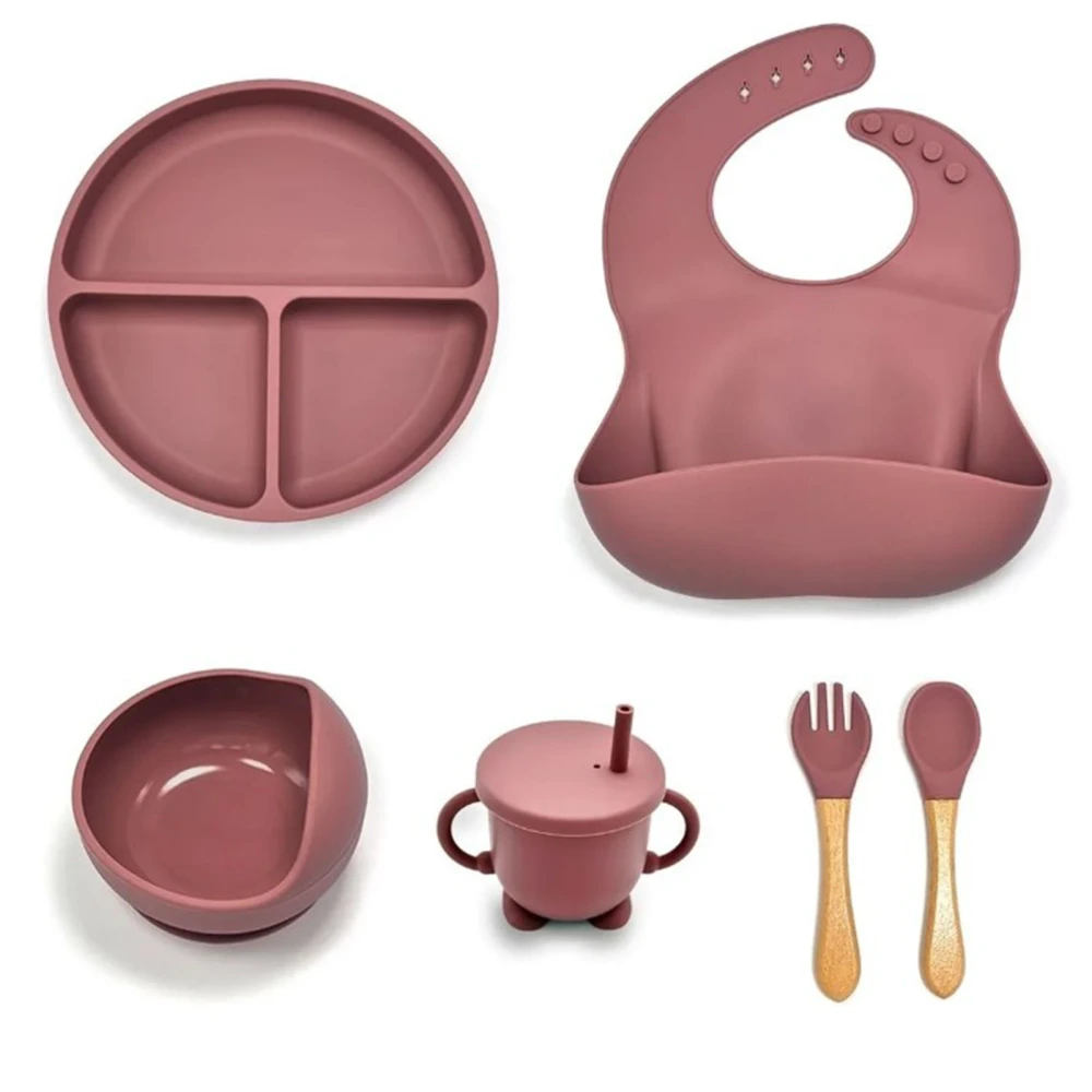 6pcs Baby Feeding Set Silicone Safe Bib Adjustable Baby Divided Plate Set with Spoon Straw Cup Dark Pink