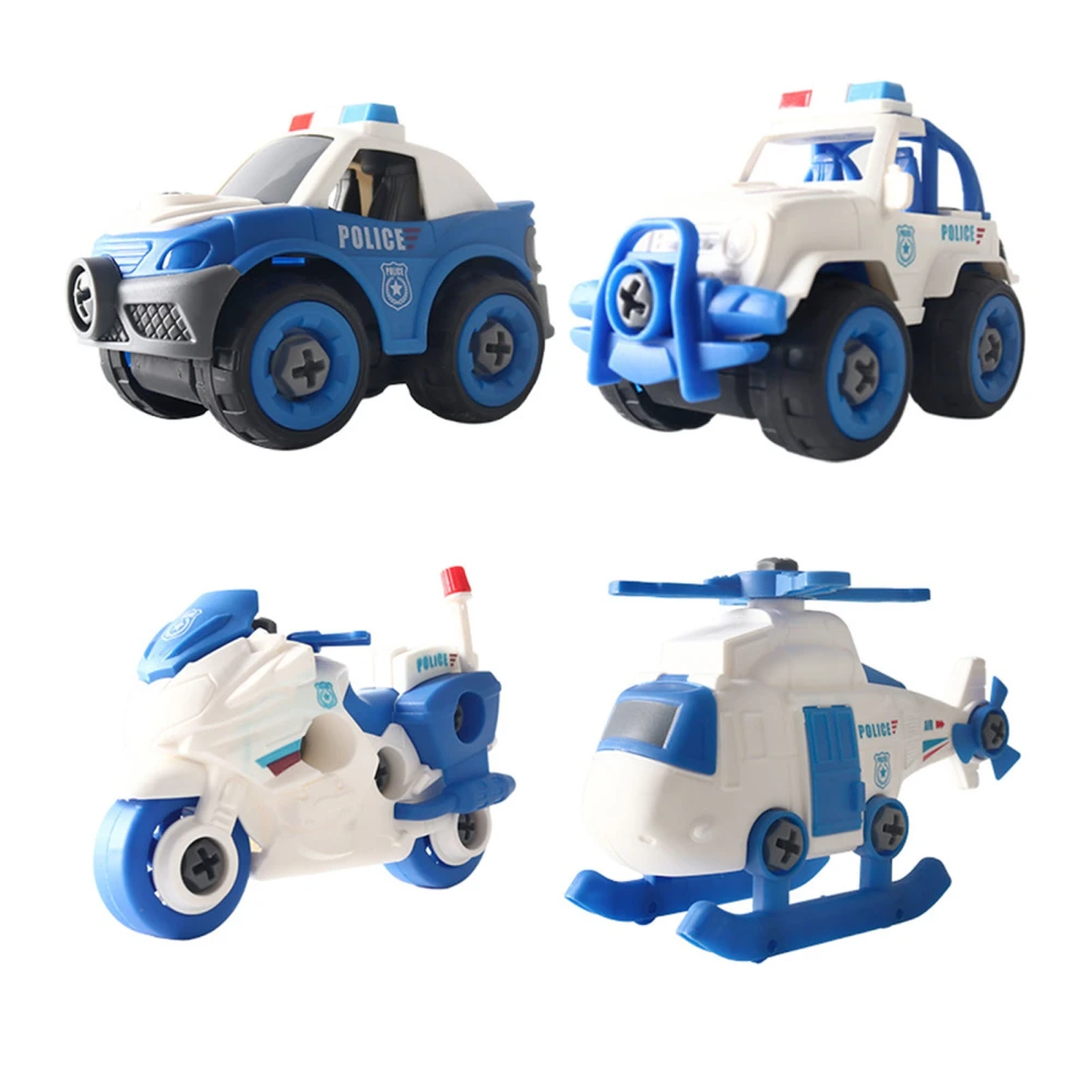 4 Pcs Kids Police Vehicle Toy Assembled Escort Cruiser Car Helicopter Motorcycle Model Toy with Screwdriver