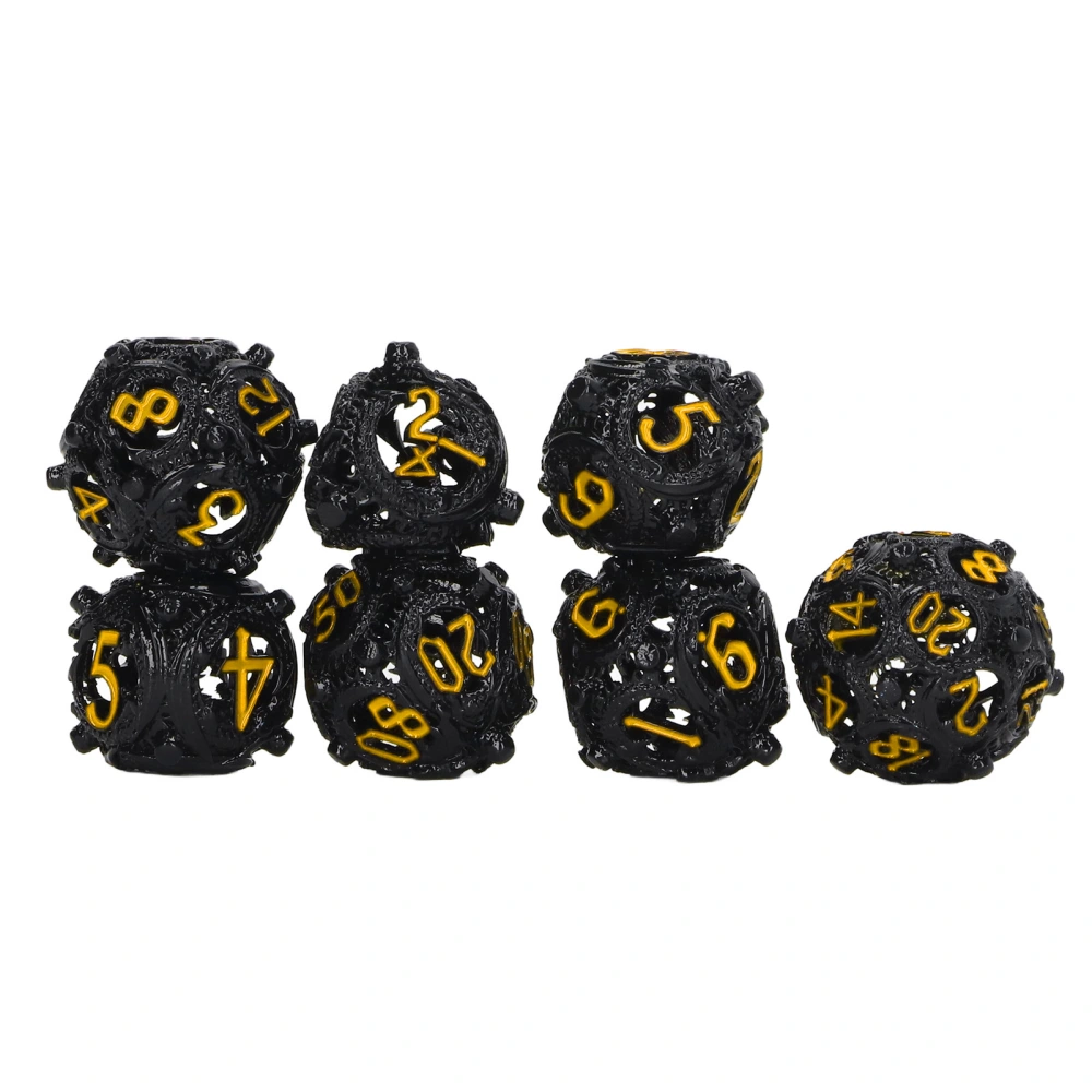 7pcs Hollow Dice Set Copper Portable Balanced Rolling Engraved Metal Polyhedral Dice Set for Board Games Black Yellow