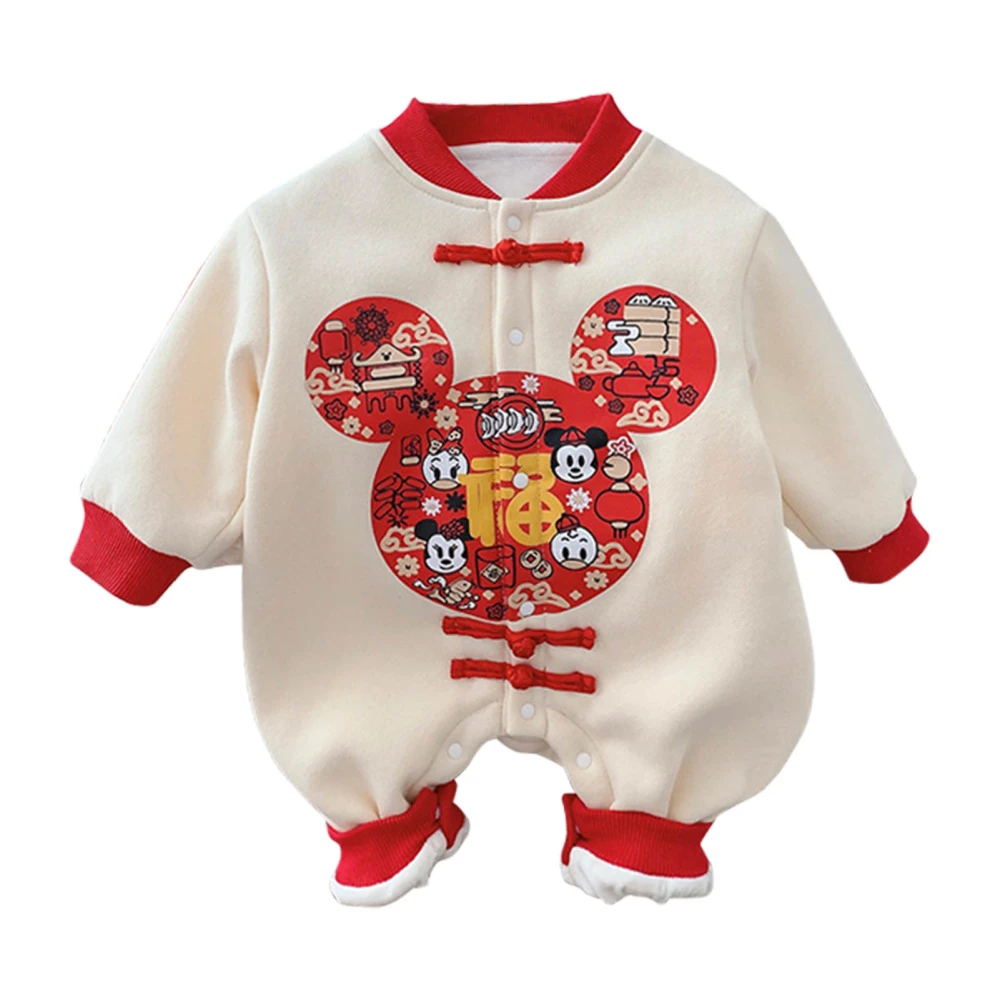 Baby Jumpsuit Cute Cartoon Print Button Closure Thick Warm Elastic Soft Baby One Piece Outfit 73