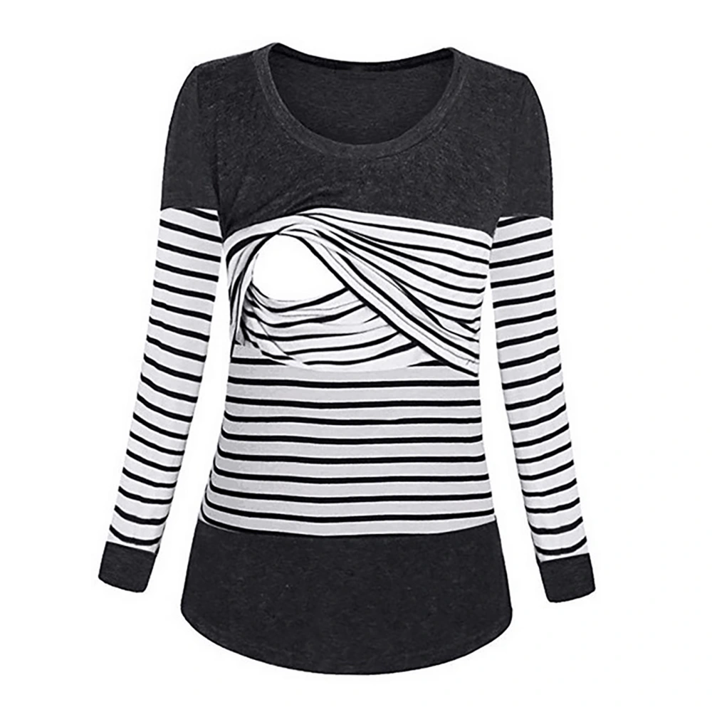 Women's Maternity Shirts Round Neck Long Sleeve Stretchy Nursing Striped Shirts Tops for Quick Breastfeeding Black M