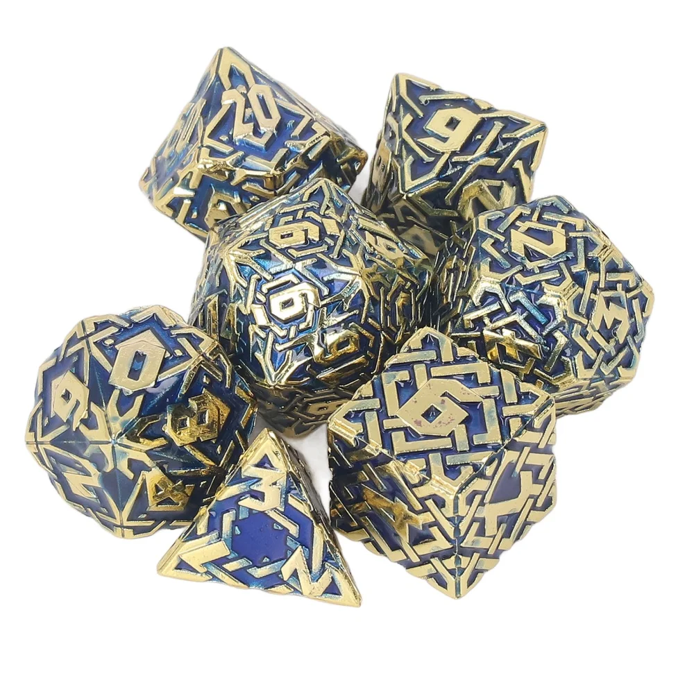 7pcs Metal Polyhedral Dice Maze Pattern Engraved Balanced Rolling Solid Metal Dice for Games Role Play Style 1