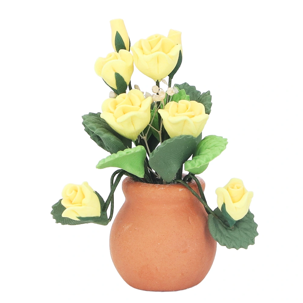 1:12 Dollhouse Flower Yellow Rose Red Pot Green Leaves Vivid Mini Cute Miniature Ceramic Flower