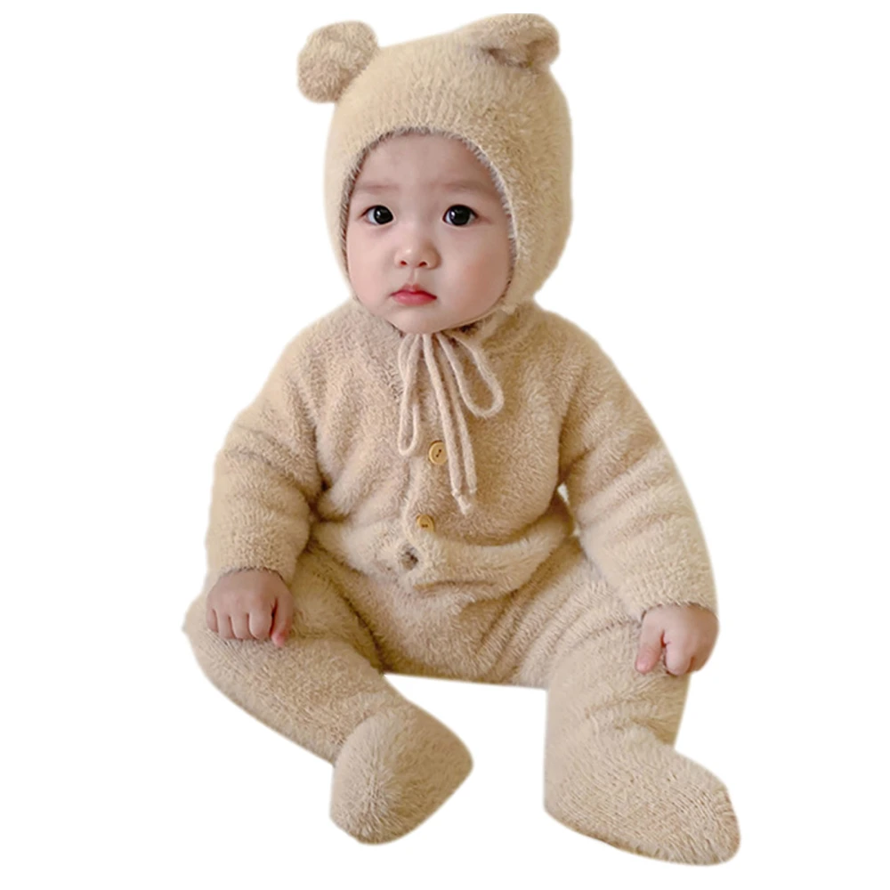 Baby Bear Jumpsuit Cute Soft Warm Infant Hooded Jumpsuit for Fall Autumn Outdoor Light Tan 80cm / 31.5in