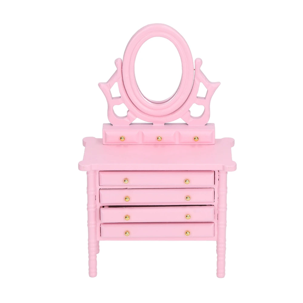 1:12 Scale Dollhouse Toilet Table High Simulation Wooden Miniature Dressing Table with Mirror Pink