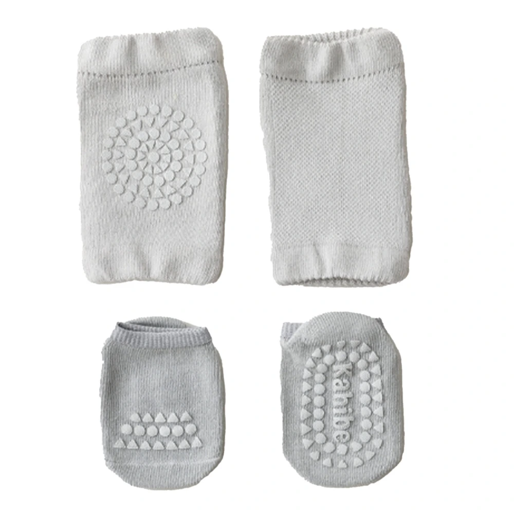 Baby Knee Pads Socks Set Combed Cotton Prevent Slip Glue Points Crawling Knee Foot Protectors M Size Light Gray