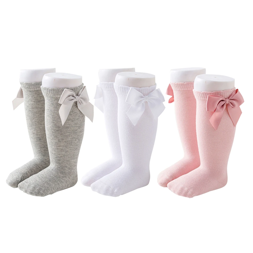 3 Pair Baby Knee High Socks Bows Breathable Soft Cute Seamless Over Calf Socks for Infant Newborn S 1 Year Old 3.54 ~ 4.33in