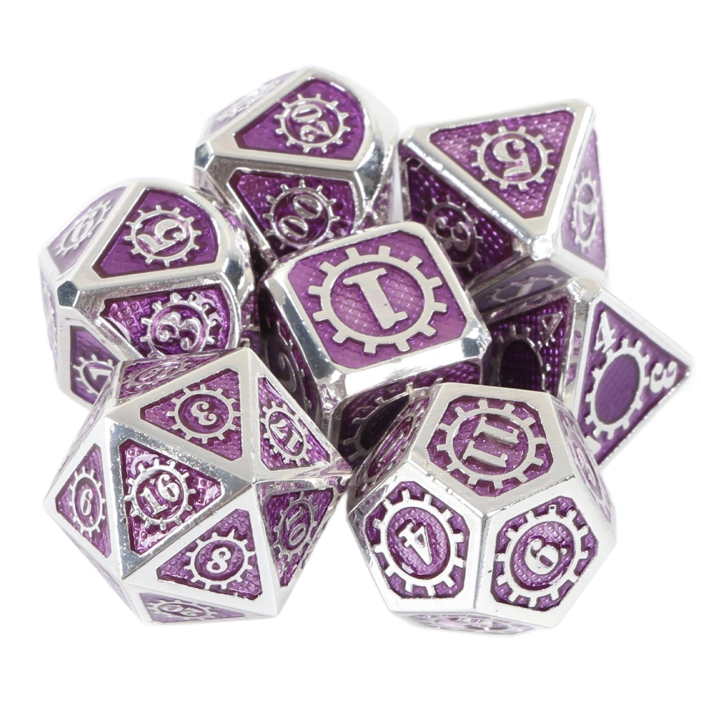 7pcs Polyhedral Dice Colorful Gear Metal High Balance Board Game Polyhedral Dice for Role Playing Silver Purple