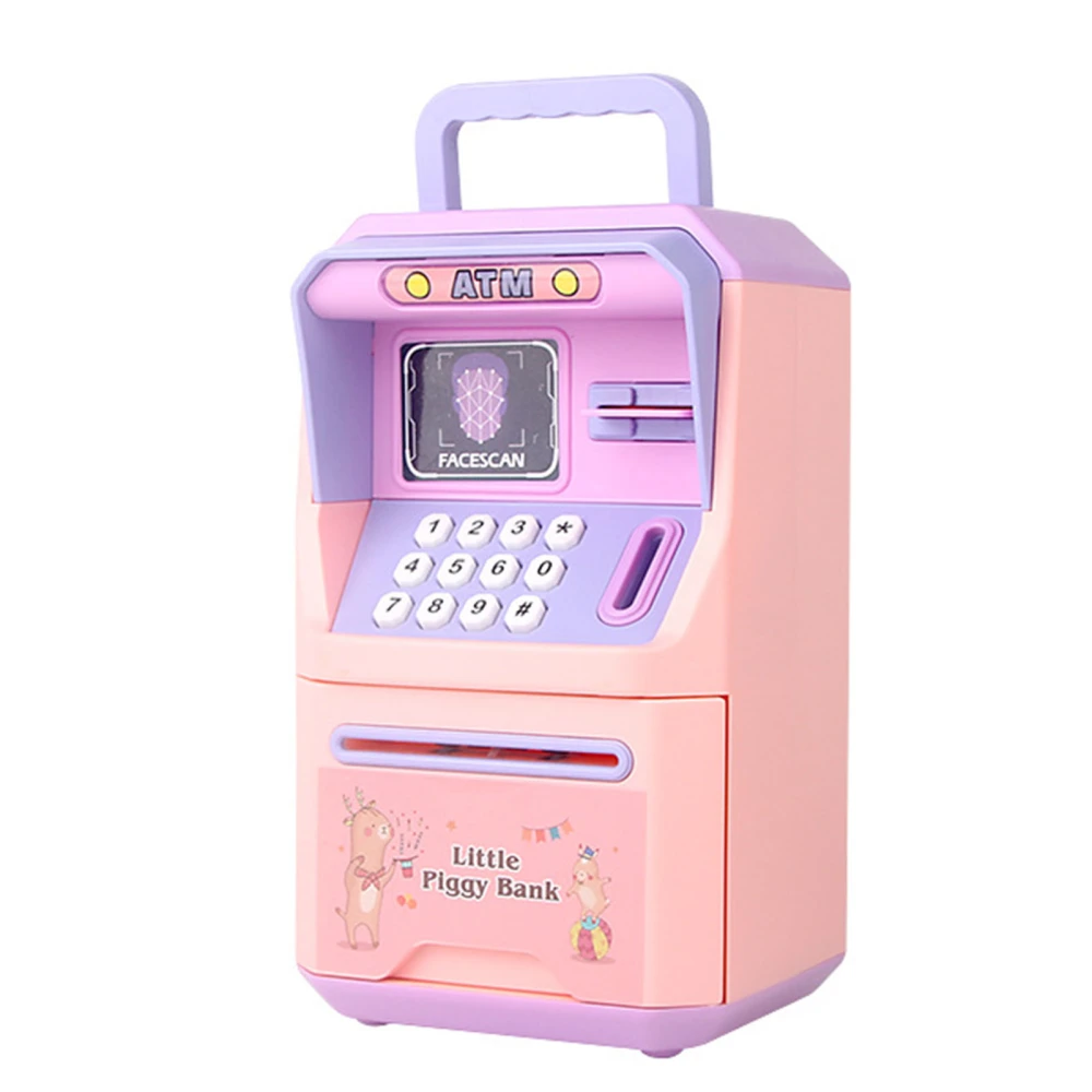 Mini Bank ATM Machine Simulation Face Recognition ATM Machine Money Storage Bank Educational Toys Pink Purple