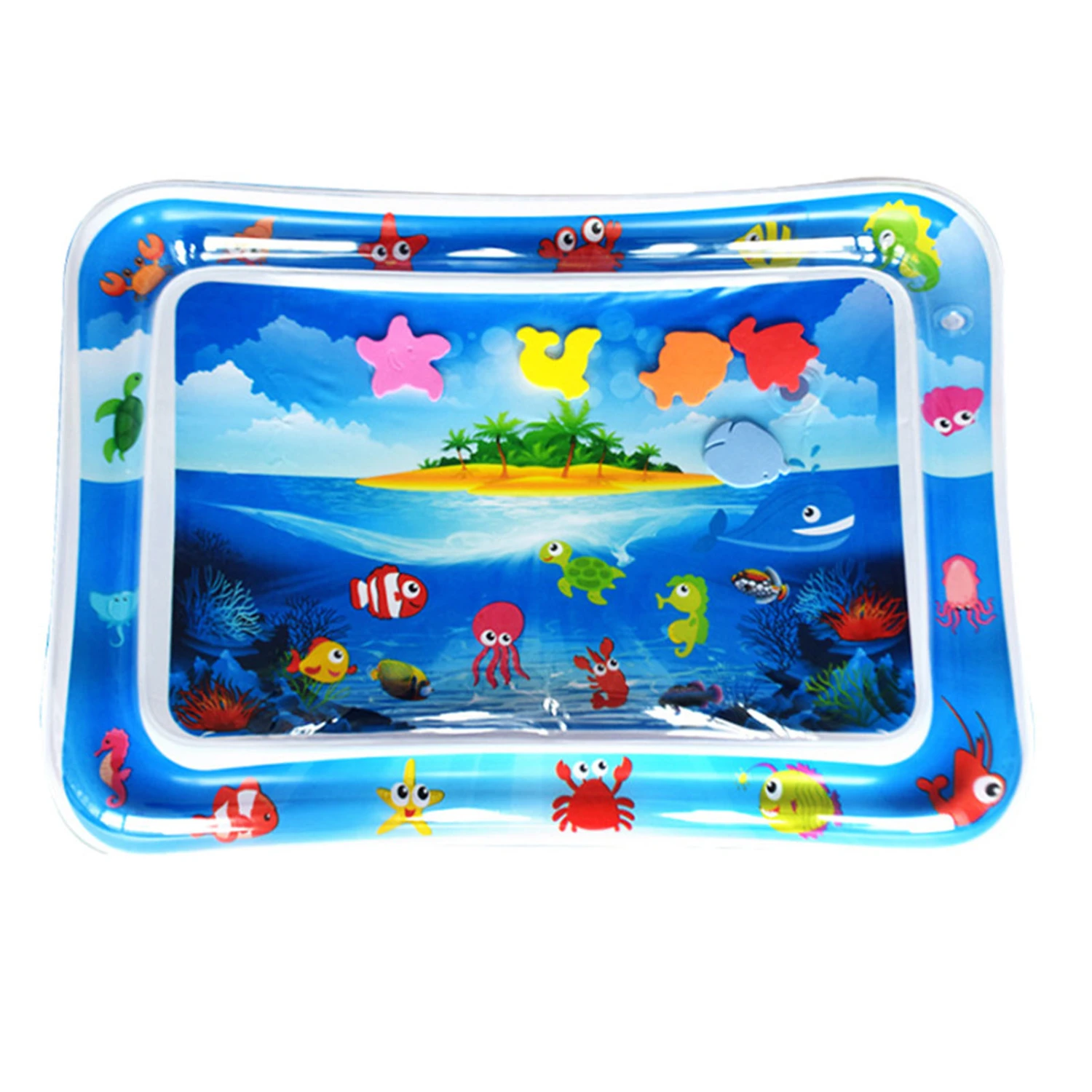 Baby Water Play Mat PVC Inflatable Fish Patterns Rectangle Shaped Water Pad for Children Blue Island Style