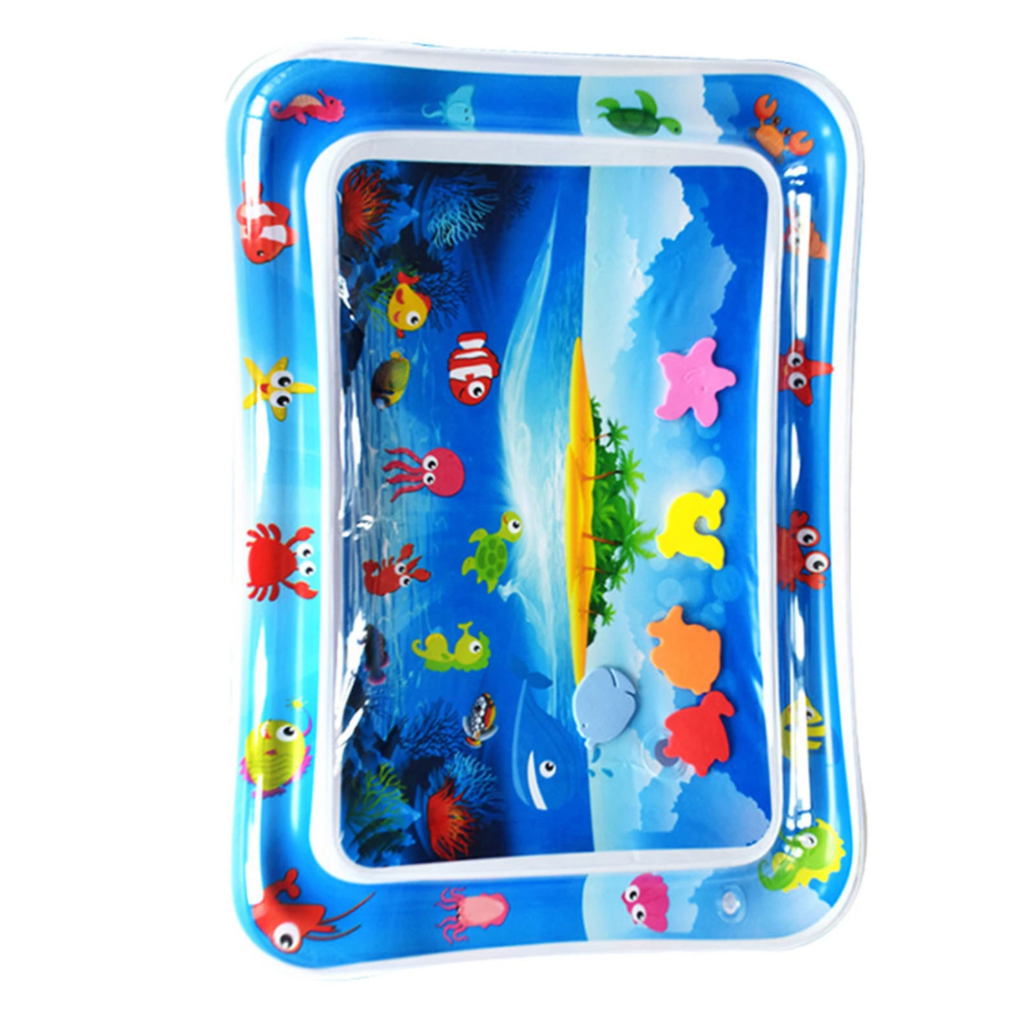 Baby Water Play Mat PVC Inflatable Fish Patterns Rectangle Shaped Water Pad for Children Blue Island Style