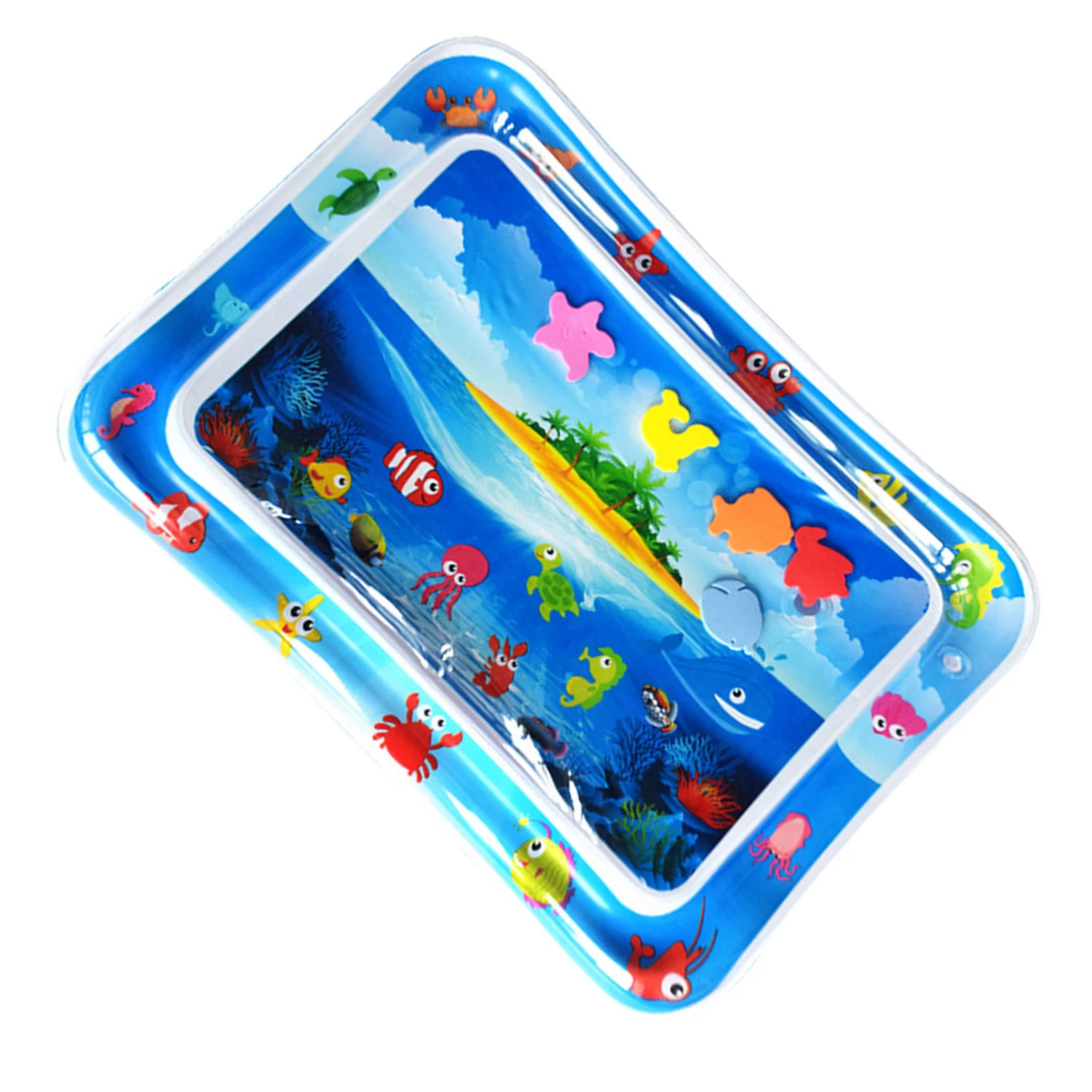 Baby Water Play Mat PVC Inflatable Fish Patterns Rectangle Shaped Water Pad for Children Blue Island Style
