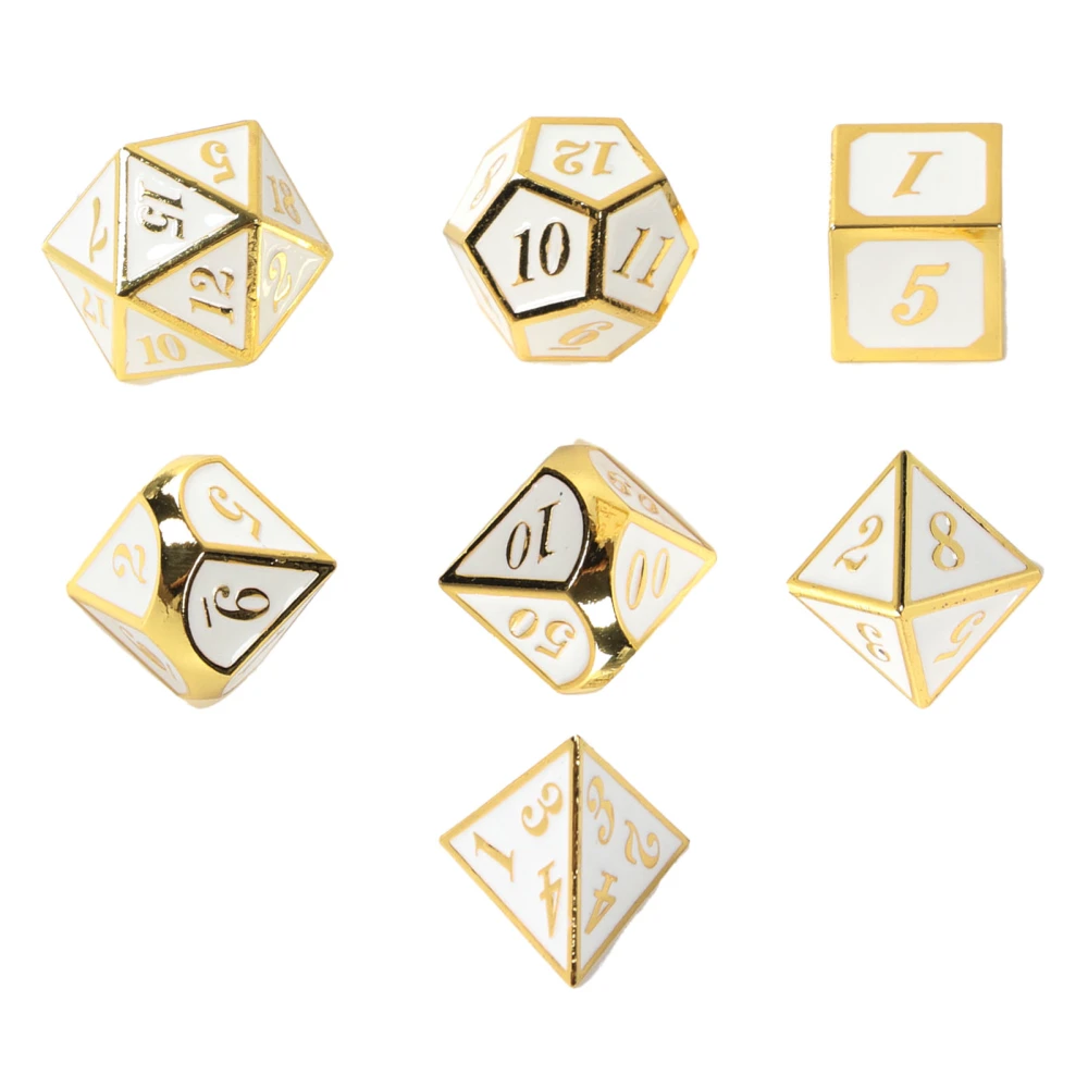 7pcs Metal Dice Polyhedral Shiny Portable Long Lasting Zinc Alloy Dice Set for Table Game Board Game Gold White