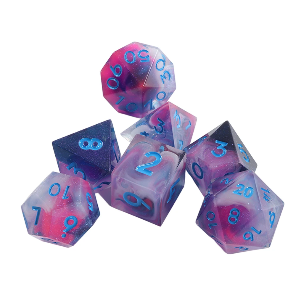 7pcs Dice Kit Polyhedral Starry Sky Swirl Rolling Resin Colored Dices for Table Game Blue Font