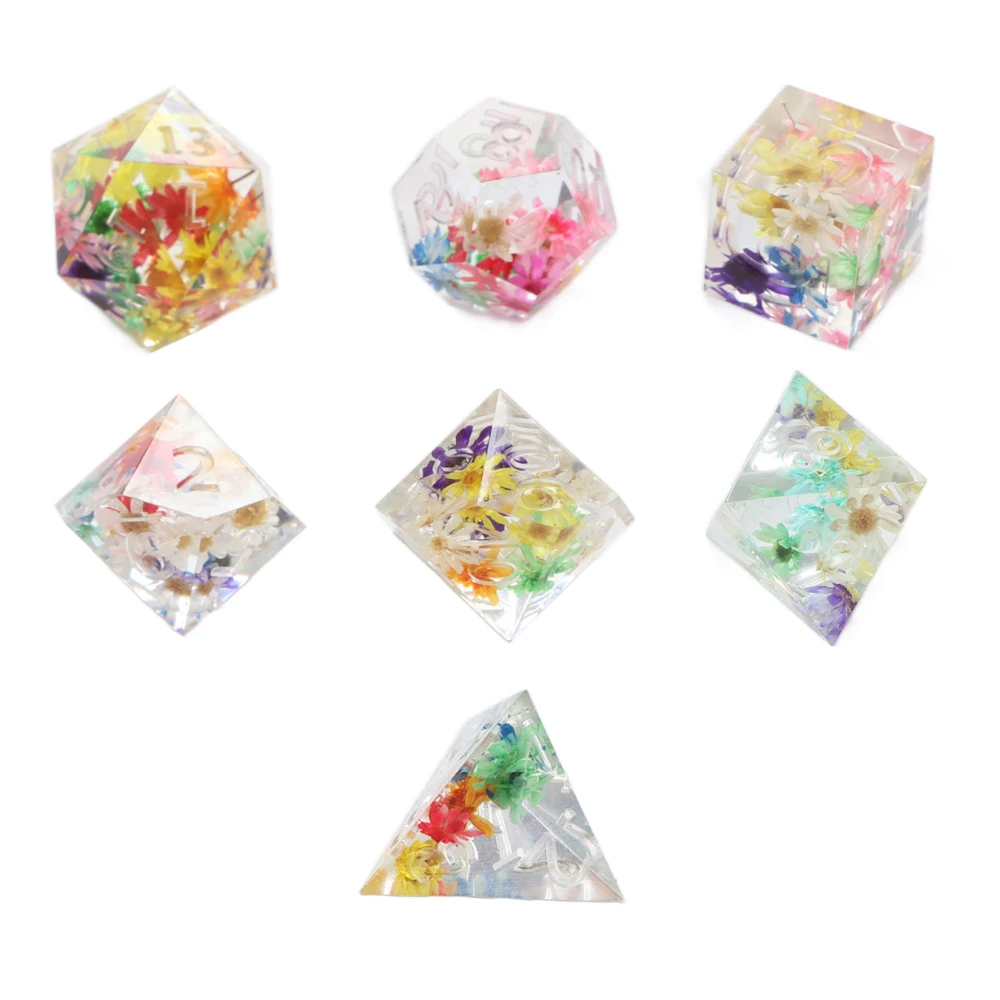 7pcs Polyhedral Dice Set Filled with Flower Clear Number High Balance Resin Dice for Role Playing