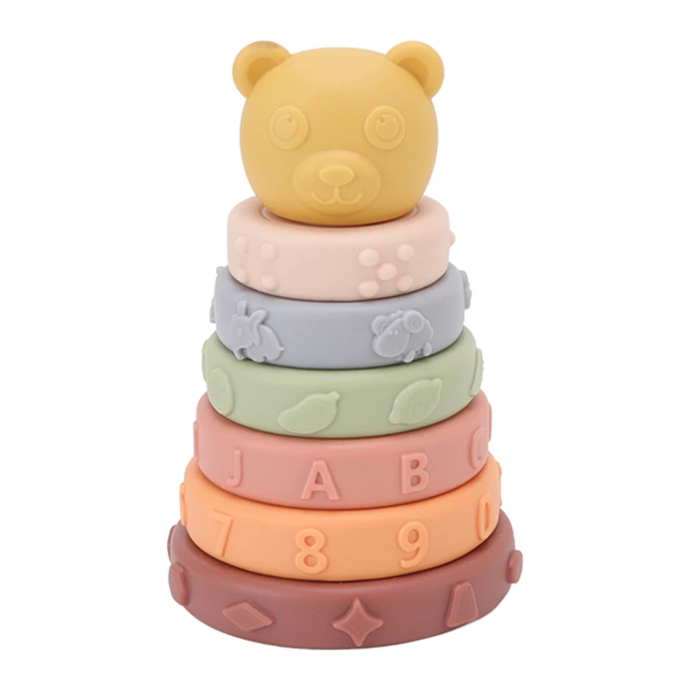 6 Pcs Soft Sensory Stacking Circle Toys with Bear Stacker Educational Cute Building Rings Stacker for Kids Baby