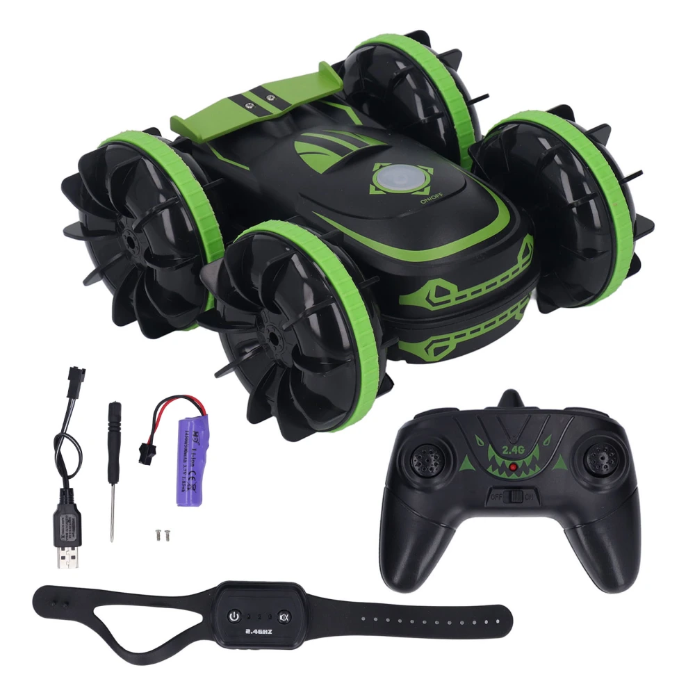 Amphibious RC Stunt Car Waterproof Gesture Sensor 4 Wheel Drive 360 Degree Rotating Double Sided 2.4GHz RC Boat Vehicle Green