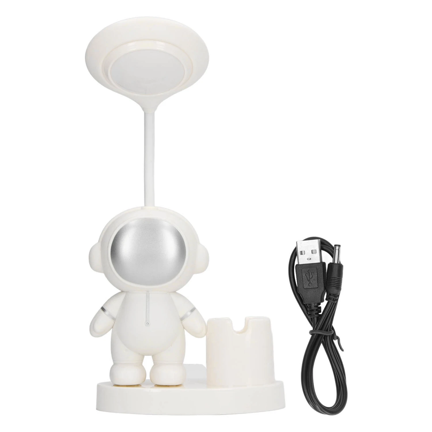 Small Desk Lamp Cartoon Astronaut Shape Rechargeable Desk Lamp with Pen Holder Sharpener for Dorm Bedroom White