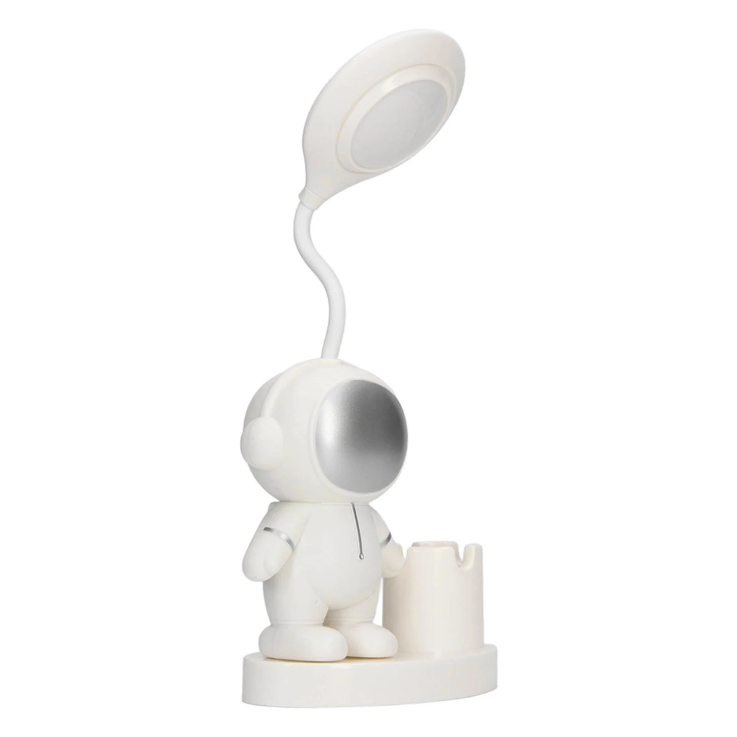 Small Desk Lamp Cartoon Astronaut Shape Rechargeable Desk Lamp with Pen Holder Sharpener for Dorm Bedroom White