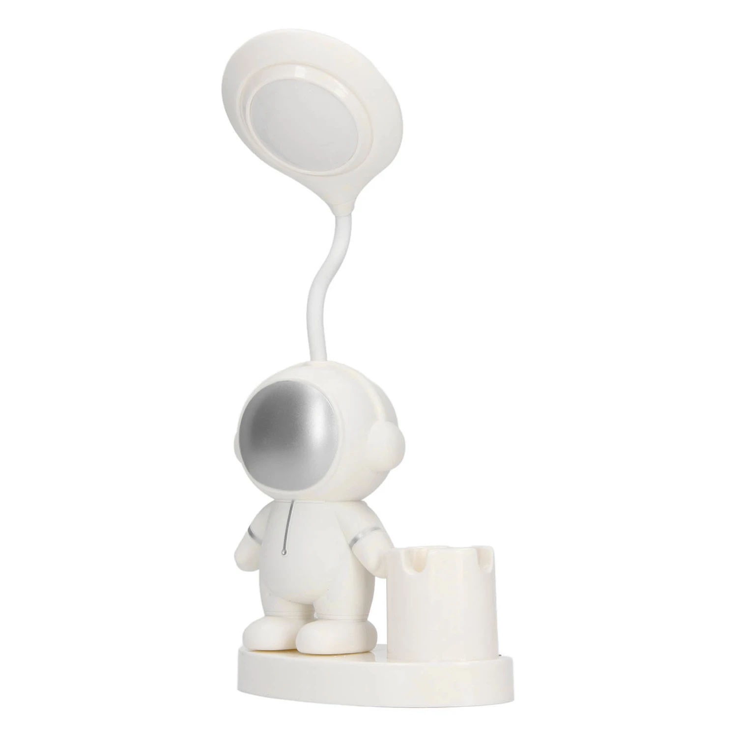 Small Desk Lamp Cartoon Astronaut Shape Rechargeable Desk Lamp with Pen Holder Sharpener for Dorm Bedroom White