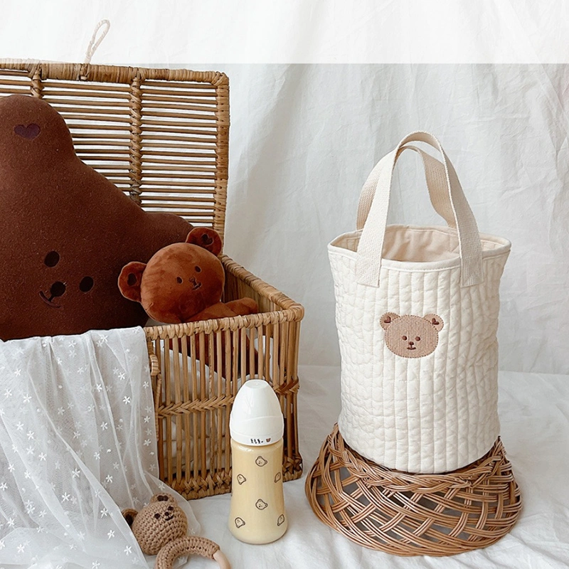 Baby Bottle Storage Bag Pure Cotton Bucket Shape Cute Embroidery Diaper Caddy Organizer for Stroller Big Bear Pattern