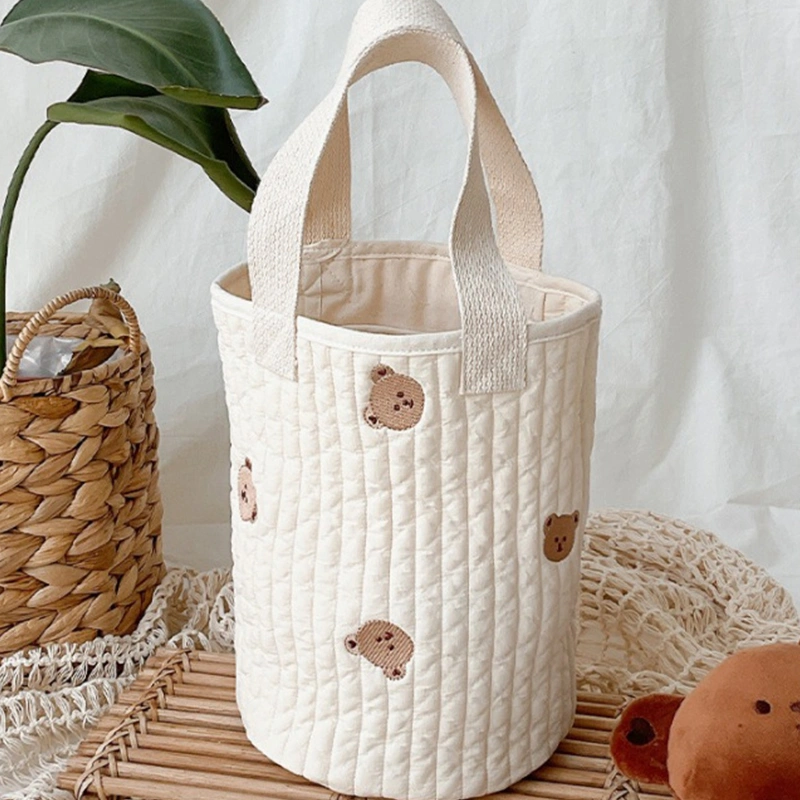 Baby Bottle Storage Bag Pure Cotton Bucket Shape Cute Embroidery Diaper Caddy Organizer for Stroller Small Bear Pattern