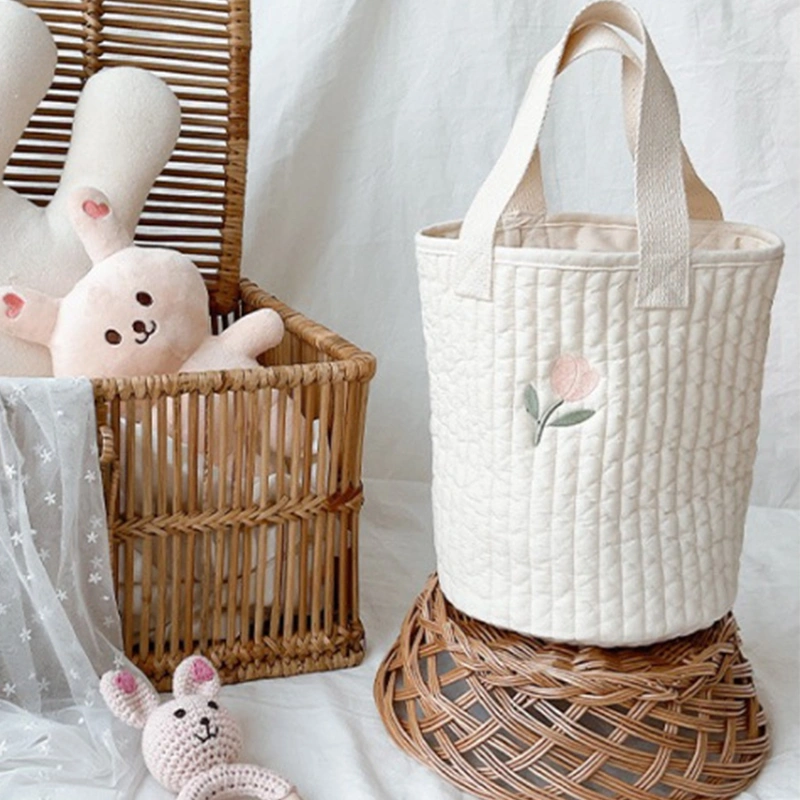 Baby Bottle Storage Bag Pure Cotton Bucket Shape Cute Embroidery Diaper Caddy Organizer for Stroller Big Tulip Pattern