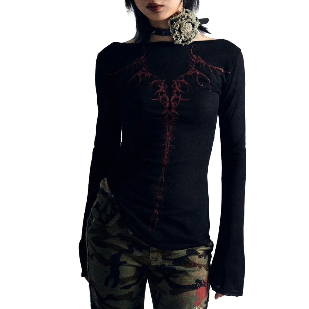 Women Long Sleeve T-Shirts Fashion Print Round Neck Shirts Streetwear