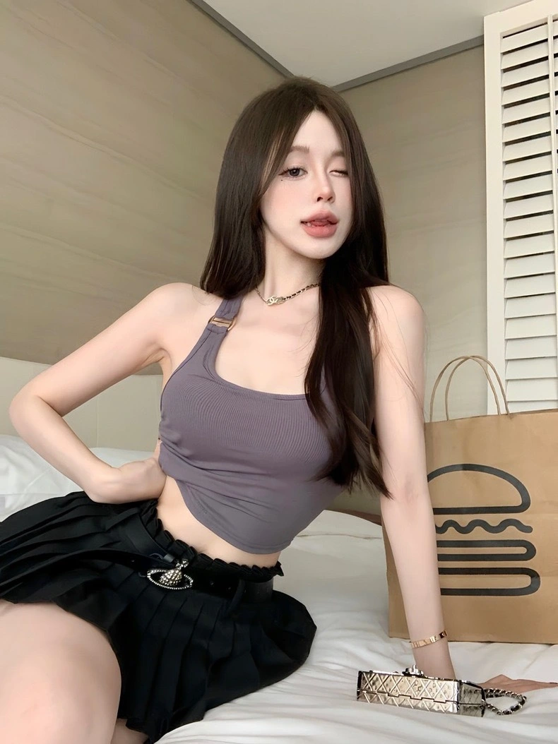 Women Halter Neck Tops Solid Color Backless Ribbed Crop Tops