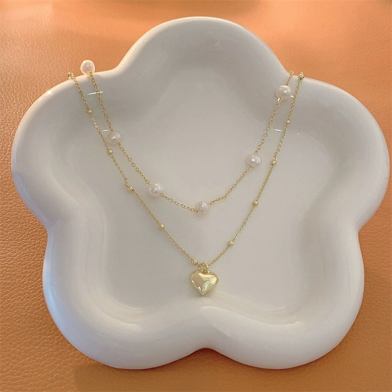 Double Layer Twin Freshwater Pearl Heart Pendant Necklace