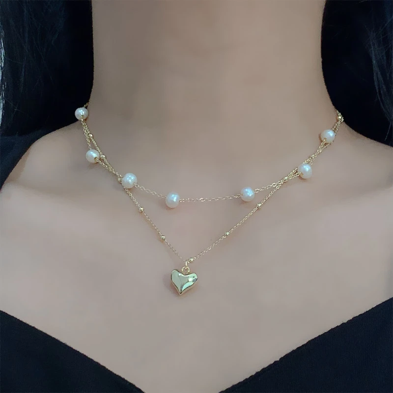 Double Layer Twin Freshwater Pearl Heart Pendant Necklace