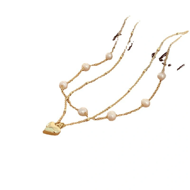 Double Layer Twin Freshwater Pearl Heart Pendant Necklace