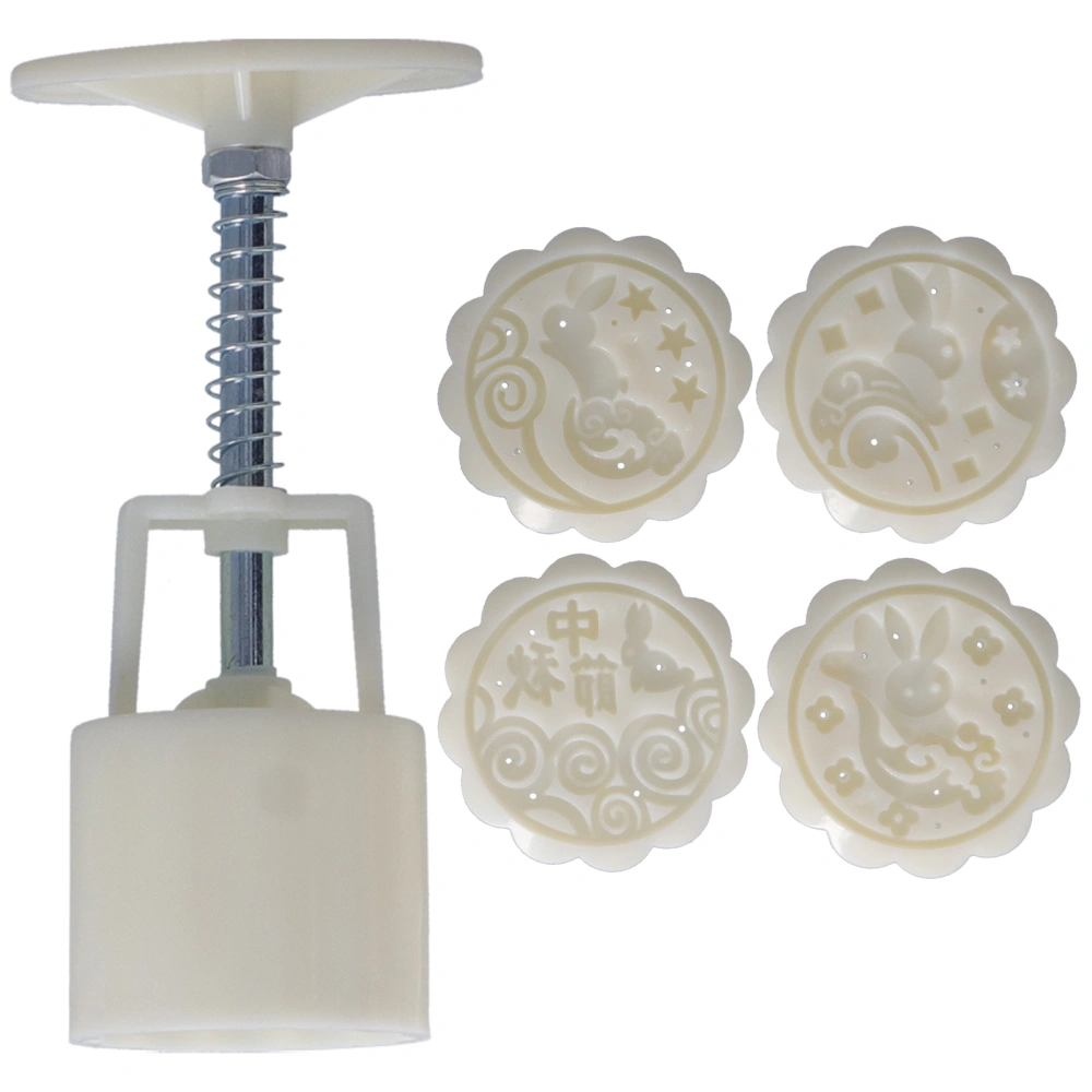 50g HandPress Mooncake Mold Dessert Biscuits Mold Baking Tool with 4 Round Stamps for Kitchen(Cute Rabbits Pattern )