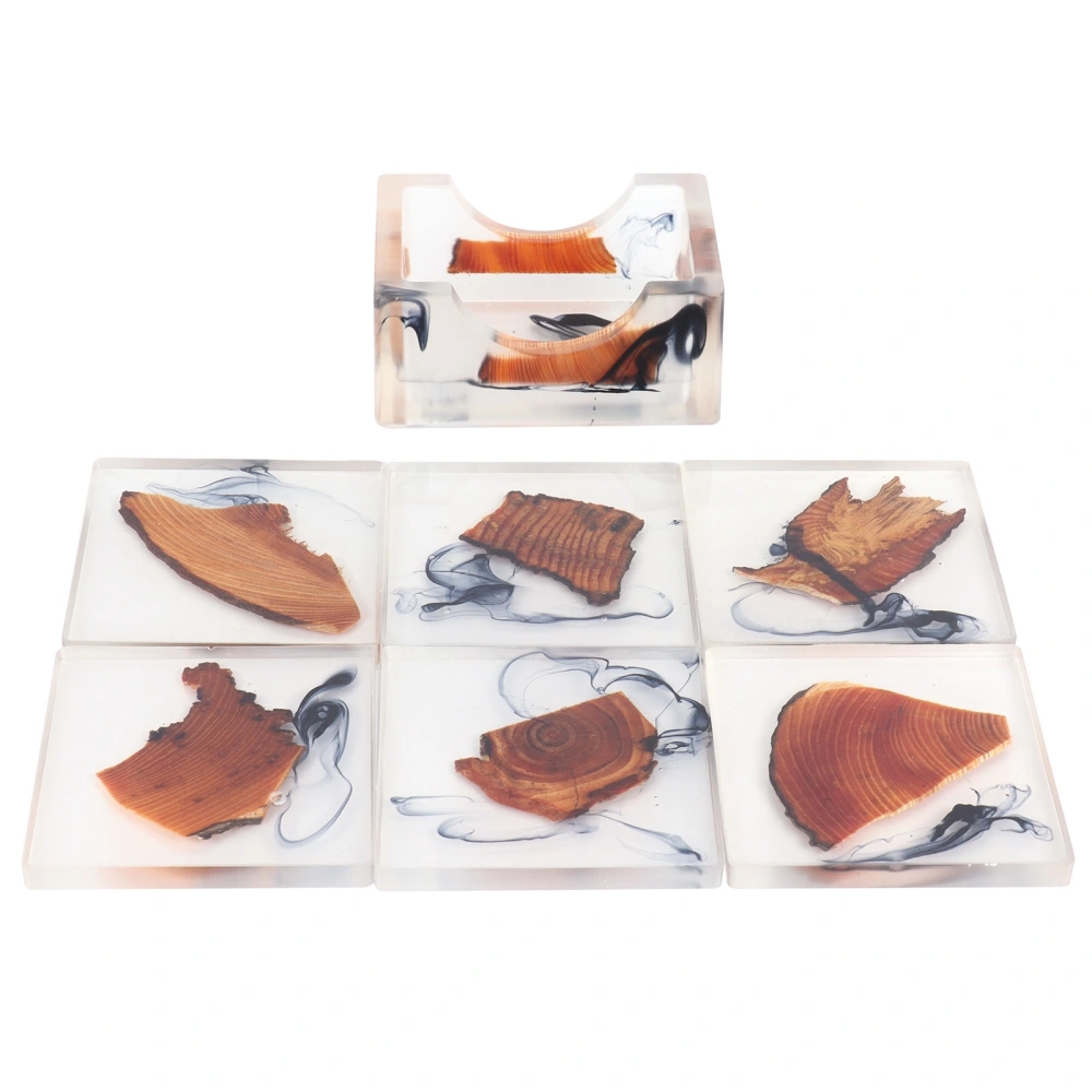 6Pcs Drink Coasters Rack Set Heat Insulation Pine Wood Resin Cup Pad Tabletop Protection(Square Coaster Rack )