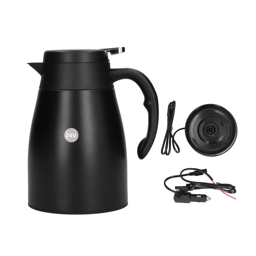 24V 1200ml Car Water Heater Pot with Base Portable Stainless Steel Electric Kettle Pot for Truck CarMatte Black