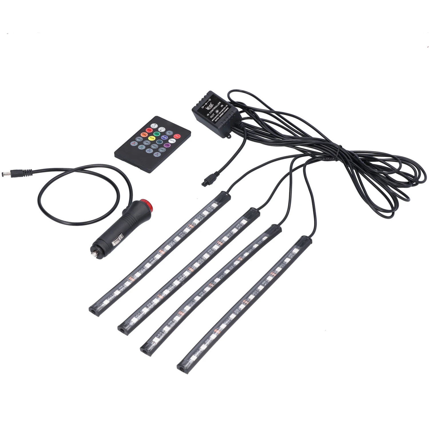 Interior Car Light Color Remote Music Control RGB Light Source IP65 Waterproof 48 LEDs Plug and Play LED Car Strip Lamp for Automotive Decorative Lighting