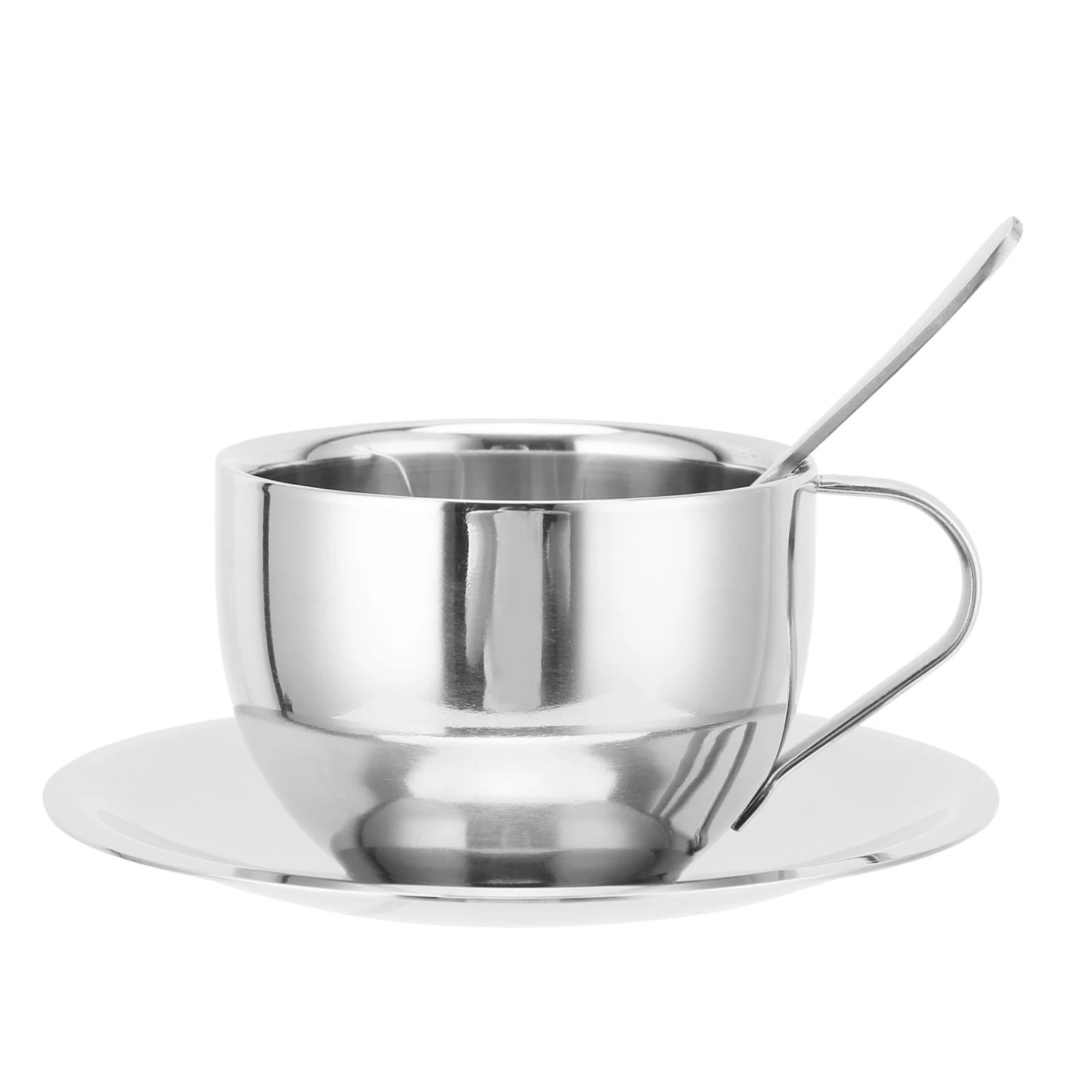 Coffee Cup Stainless Steel DoubleLayer Insulation Milk Mug with Spoon Saucer Household(Silver 180ML)