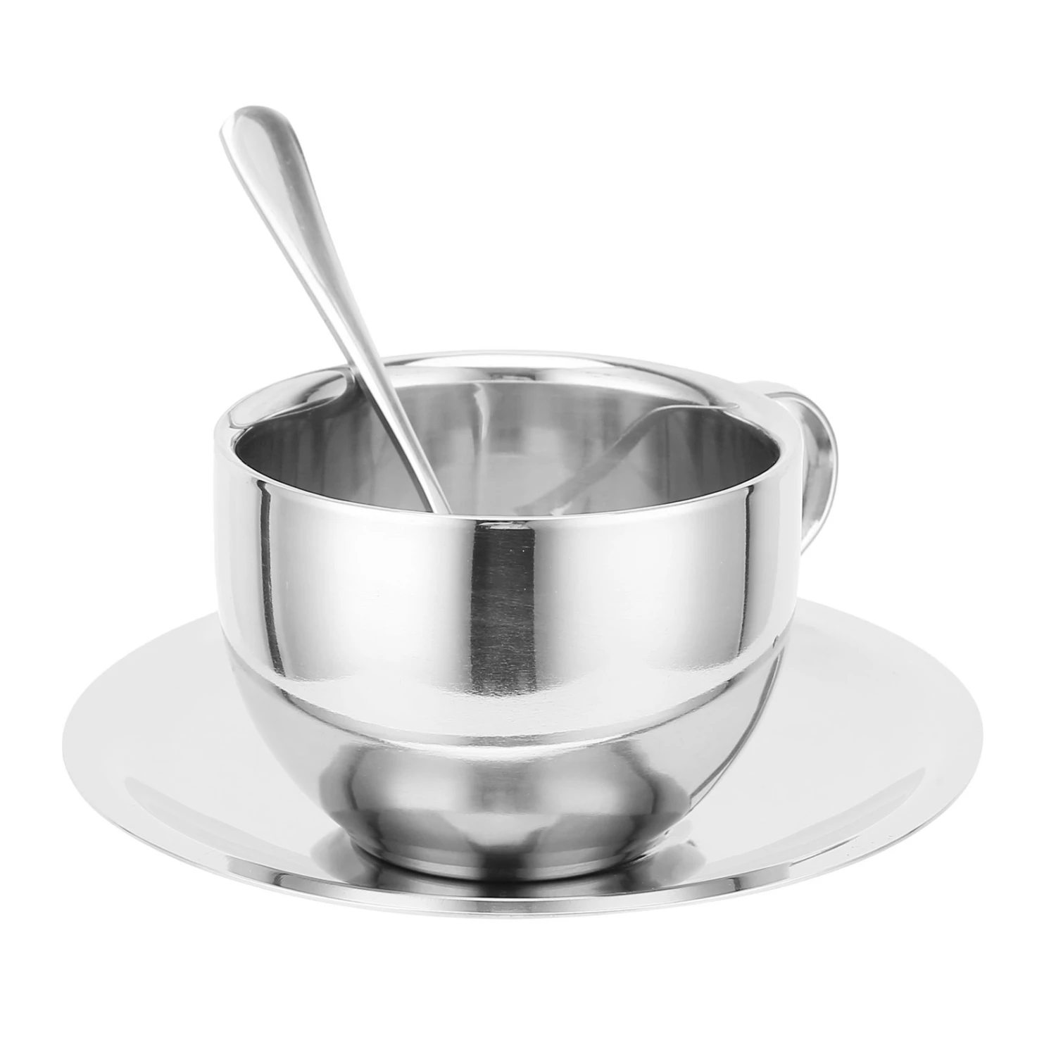 Coffee Cup Stainless Steel DoubleLayer Insulation Milk Mug with Spoon Saucer Household(Silver 180ML)