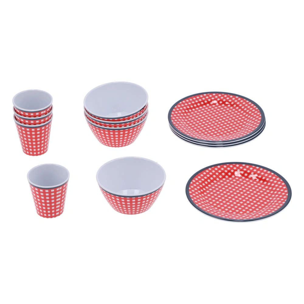 12Pcs/Set Household Tableware Set Red Grid Melamine Cup Bowl Plate for Kitchen Restaurant