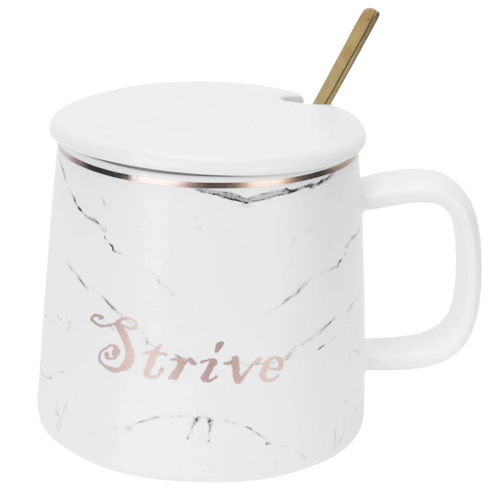 Marble Pattern Mug Originality Ceramic Cup with Spoon and Lid for Home Travel Office OutdoorWhite