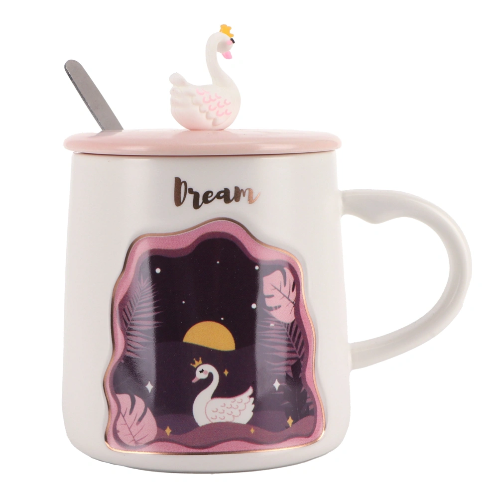 Embossed Animal Cup Cartoon Cute Coffee Cup with Lid Spoon Couple Gift Mug for DrinkingSwan