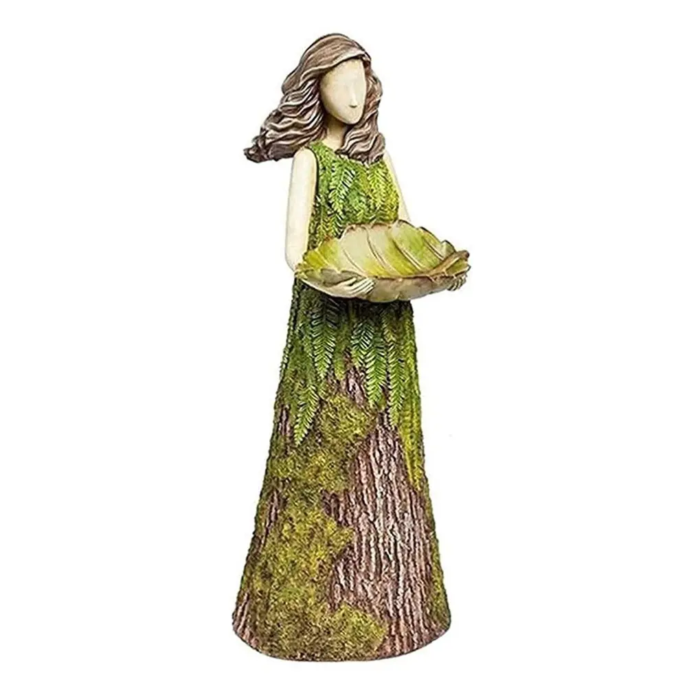 Fairy Garden Statue with Bird Feeder Lawn Resin Ornaments Garden Art Sculptures for Outdoor Decoration