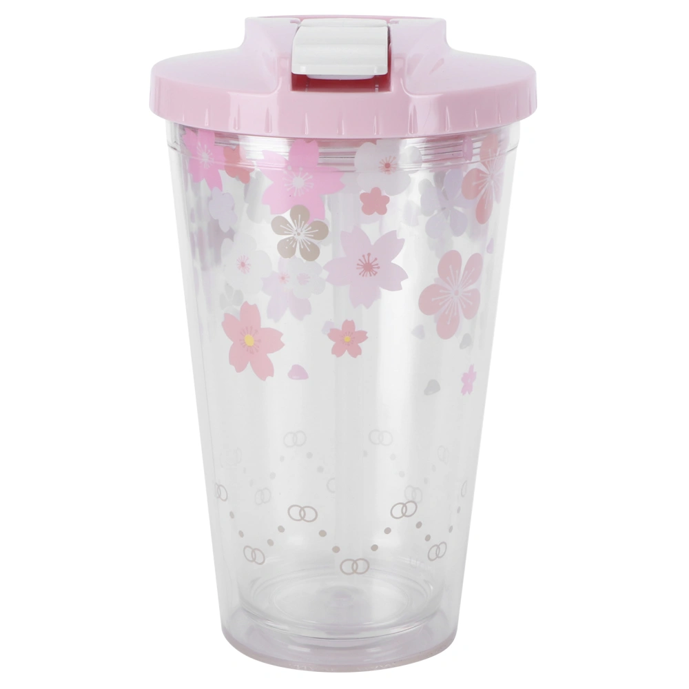 Double Layer Water Cup Innovative Cute Portable Mug with Straw for Home Office Use(Pink Flower 450ml)