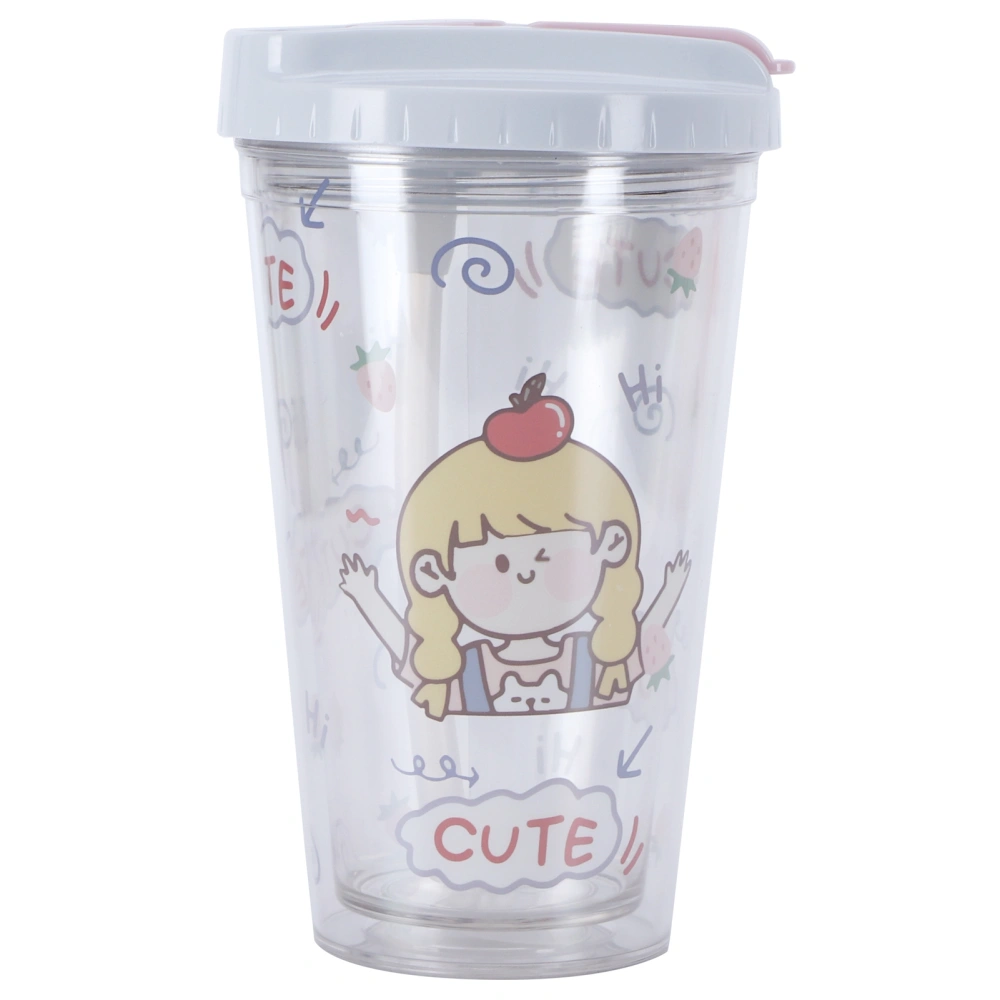 Cute Cartoon Girl Pattern Water Cup Portable Double Wall Plastic Cup with Lid and StrawPink 450ml